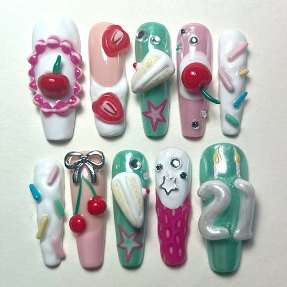 Other - 3D Dessert Charm Press On Nails Birthday Cake Strawberry Cherry Sprinkles Nails